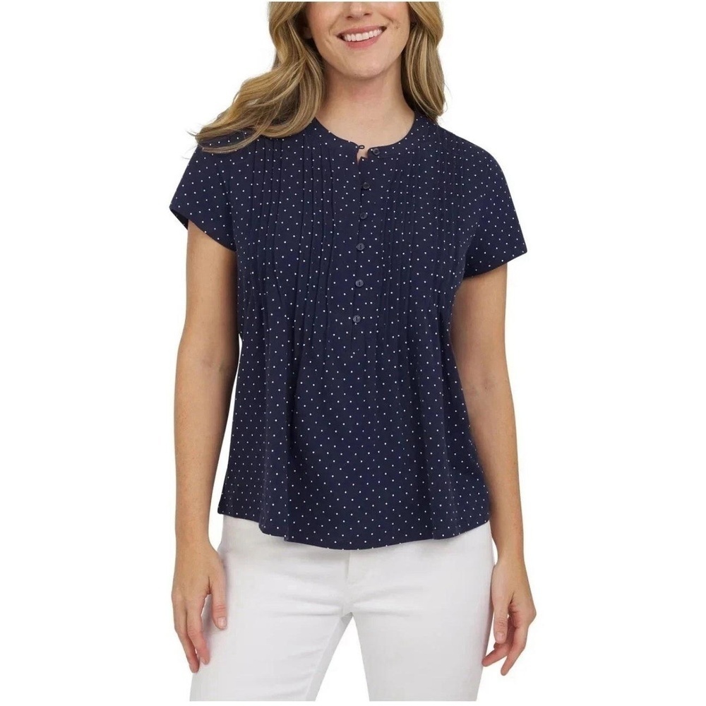 Lands' End Women's Short Sleeve Pintuck Blouse, Navy, Size XXL. BZ